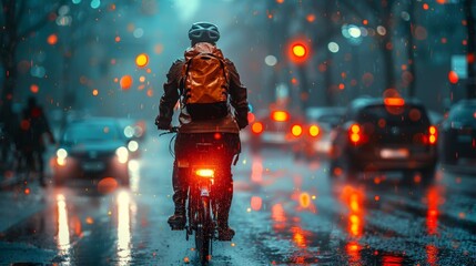 a courier on a bicycle with a backpack on his shoulders and wearing a helmet rides through the evening city on the street in bad weather or rain