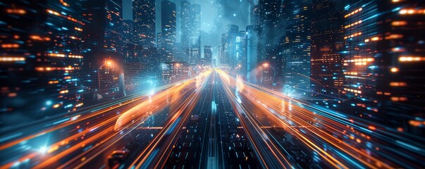 Obraz premium Futuristic cityscape with speed light trails illuminating modern skyscrapers tech-savvy urban scene banner with copy space