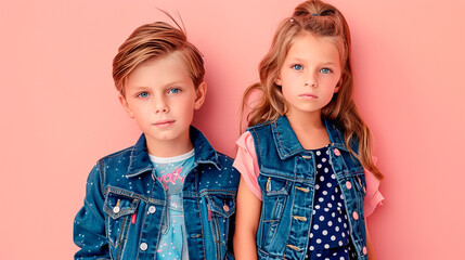 A stylish portrait of two children, a boy and a girl, wearing trendy denim outfits against a pink background, emphasizing fashion and childhood.