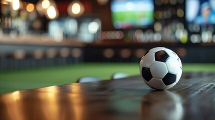 A soccer ball on a table in a pub. Broadcast of football matches in the bar. The fan club. Sports bar