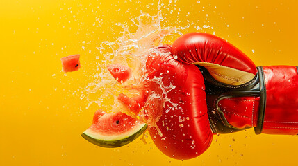A dynamic image of a red boxing glove punching through a watermelon, with juice and pieces flying, symbolizing power, strength, and impact.