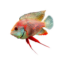 Colorful tropical fish with vibrant patterns and bright red fins isolated on white background. Ideal for aquatic-themed designs and marine lovers.
