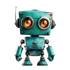 Cute retro-styled robot with big orange eyes and teal body, showcasing vintage robotics and technology charm.