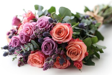 In a wedding bouquet, various roses and other flowers bloom, radiating love and romance