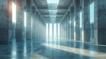 Fototapeta premium Large Modern Empty Hall of Concrete Material With Many Columns and Large Long Windows