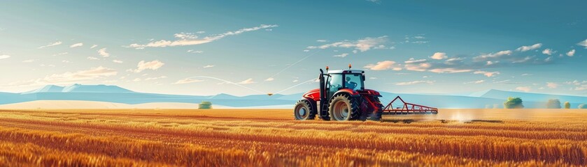 Fototapeta premium Farming tractor spraying crops in field modern agriculture healthy plants banner with copy space