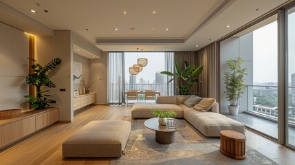There is a large sofa, a lamp, a small table and a wooden cabinet in the living room of the villa. In the background is a large window with a view of the city outside