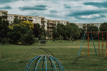 Playground with Soviet-Style Apartments in Eastern Europe, Hungary Urban Scene