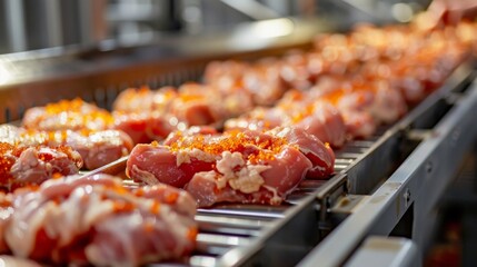raw pieces of loin meat on a conveyor belt at a poultry farm. production and processing of meat at the factory