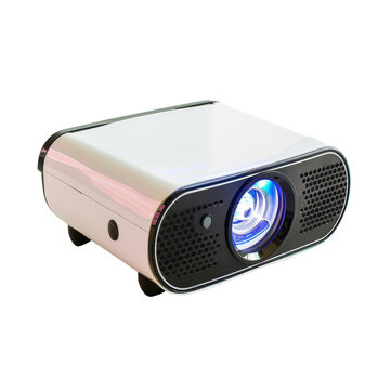 Modern compact projector with a bright blue lens, perfect for home theaters, presentations, and multimedia entertainment setups.
