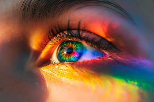 A closeup of an eye with rainbow colors reflecting in it, symbolizing vision and hope for curing the world