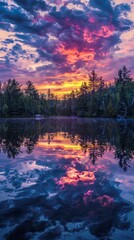 Vibrant sunset over calm lake with forest reflection, serene nature scene. Tranquil outdoor landscape concept