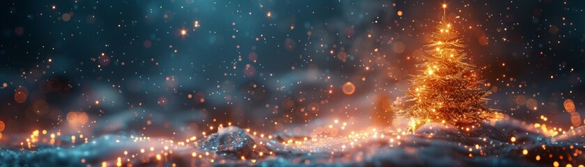 Ethereal Christmas tree in abstract style glowing lights and ornaments fantasy background banner with copy space