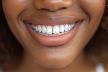 Obraz premium Close-up of a beaming smile with pearly white teeth, healthy glowing skin, subtle pink lips, expression of happiness and confidence