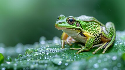 Obraz premium Common European Green Frog on Dewy Leaf