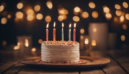 A delicious-looking birthday cake with lit candles on top of it and placed on a wooden plate. It...