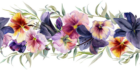 Hand drawn watercolor illustration boho botanical flowers leaves. Dark lily clivia amaryllis, pansy viola, willow eucalyptus. Seamless banner isolated white. Design wedding suite, love cards, shop