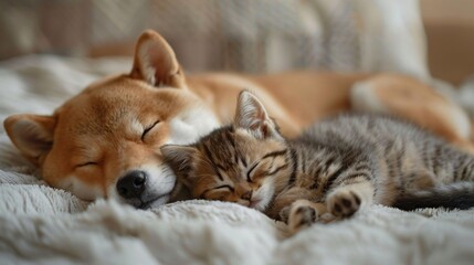 Adorable Shiba Inu Puppy and Scottish Fold Kitten in Loving Embrace in Modern Home