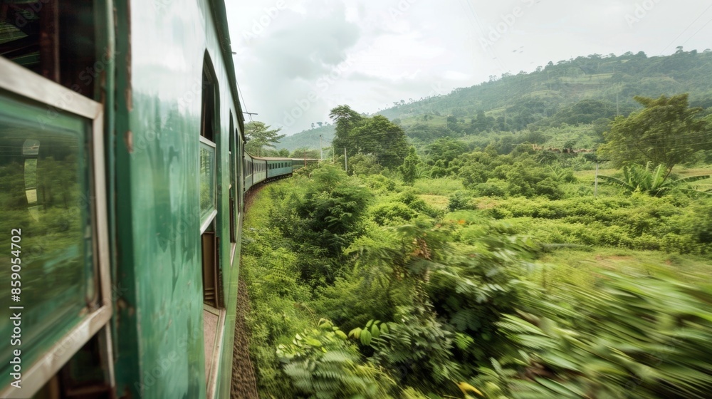 Wall mural The lush green views from the train window hint at the natural wonders that await.