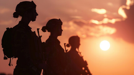 Silhouetted soldiers standing tall against a vibrant sunset backdrop, reflecting courage, duty, and solidarity amidst serene beauty.