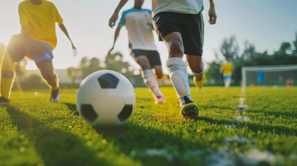 Obraz premium Action-packed soccer match on a bright, sunny day, with players in colorful uniforms fiercely chasing the ball amidst lush green grass.