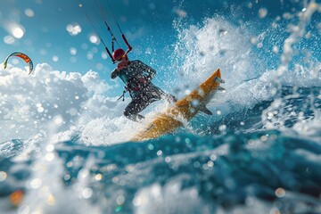 Naklejka premium Kiteboarder or kitesurfer performing tricks with their kite