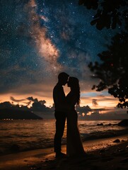 Silhouette of a couple kissing at the beach near the ocean in the sunset