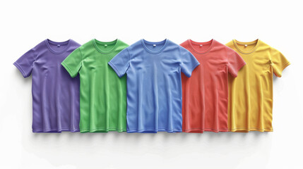 Five colorful T-shirts in different shades neatly arranged in a row on a white background.