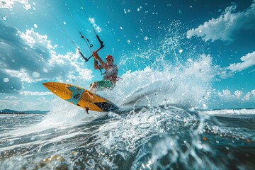 Fototapeta premium Kiteboarder or kitesurfer performing tricks with their kite