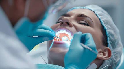 Dentist examining patient's teeth in modern dental office