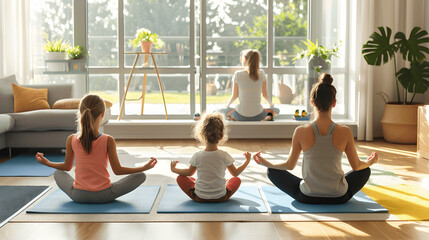 Family workout in spacious living room with exercise mats