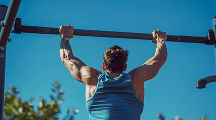 Fototapeta premium Man doing pull-ups in outdoor fitness park with blue sky