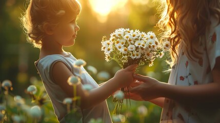 little happy caucasian girl giving bouquet of flowers to her mother on her birthday or mother's day