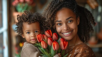 portrait of african american child 5-7 years old hugging his young beautiful mother holding a bouquet of tulips, child congratulates mother on her birthday