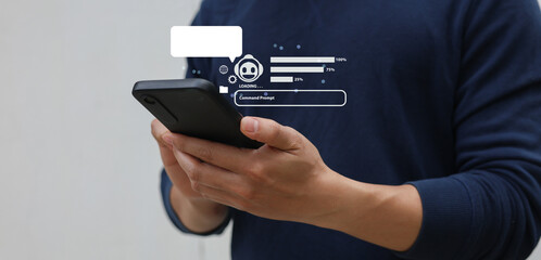 close up young businessman hand hold smartphone and use AI application program prompt to ask or...