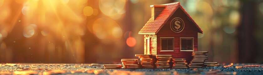 Obraz premium Coins stacked with mini house investment in property financial income banner with copy space
