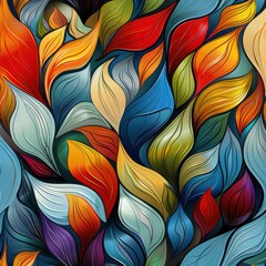 Colorful Abstract Leaf Pattern with Vivid Stained Glass Effect and Intricate Vine Line Art Design