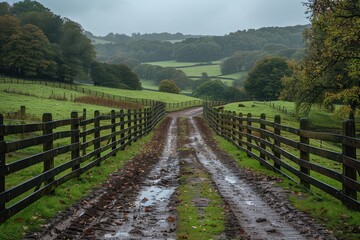 Fototapeta premium A wooden fence surrounding a lush green pasture with grazing cows.