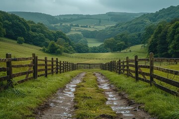A wooden fence surrounding a lush green pasture with grazing cows.