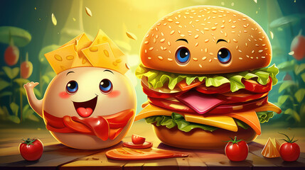 Cute Cartoon Hamburger and French Fries, Generative AI