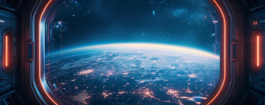 Brightly lit spaceship interior dark window view into space sleek futuristic design banner with copy space