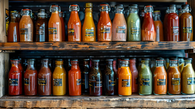 A vibrant and colorful display of various spicy sauces and condiments in glass bottles and jars, arranged on a wooden shelf with small labels indicating their heat levels