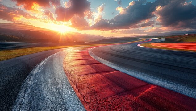 Striking sunset over a racetrack with warm red tones and a dynamic sense of motion