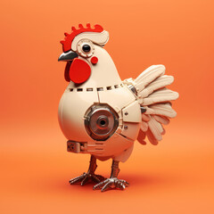 Robotic Chicken on a Orange Background with Space for Copy, Generative AI