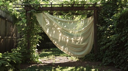 Soft fabric delicately falling from the sides of the vinecovered arbor casting a whimsical shadow against the ground.