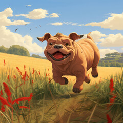 Cute Cartoon Bull Dog Running through a Meadow, Generative AI