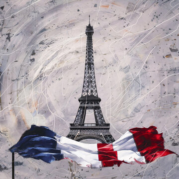 a minimalist image of Eiffel tower with Franch flag of wave and abstract pattern, painting