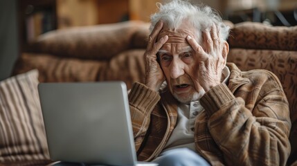upset elderly man holding his head while using a laptop. concept of cyber fraud on the elderly