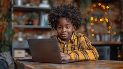 handsome african american smiling boy 8-10 years old sitting in front of laptop at home doing school homework, learning online