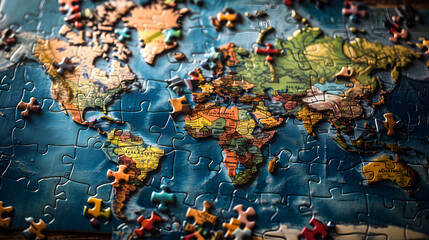 Fototapeta premium Colorful jigsaw puzzles come together to create a map. Each piece reveals a unique region. and connected to each other The complete map emphasizes the diversity and unity of the various areas.